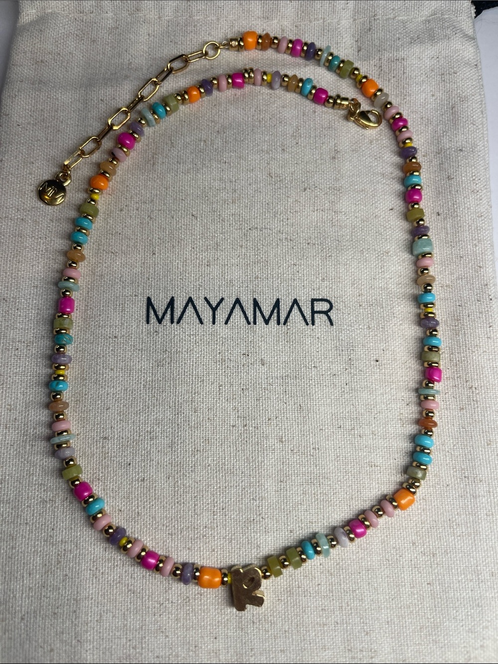 ‘R’ Initial Pendant - Multicolor Beaded Necklace with Gold - by Mayamar